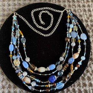beautiful beaded 5 strand necklace in blues and brown